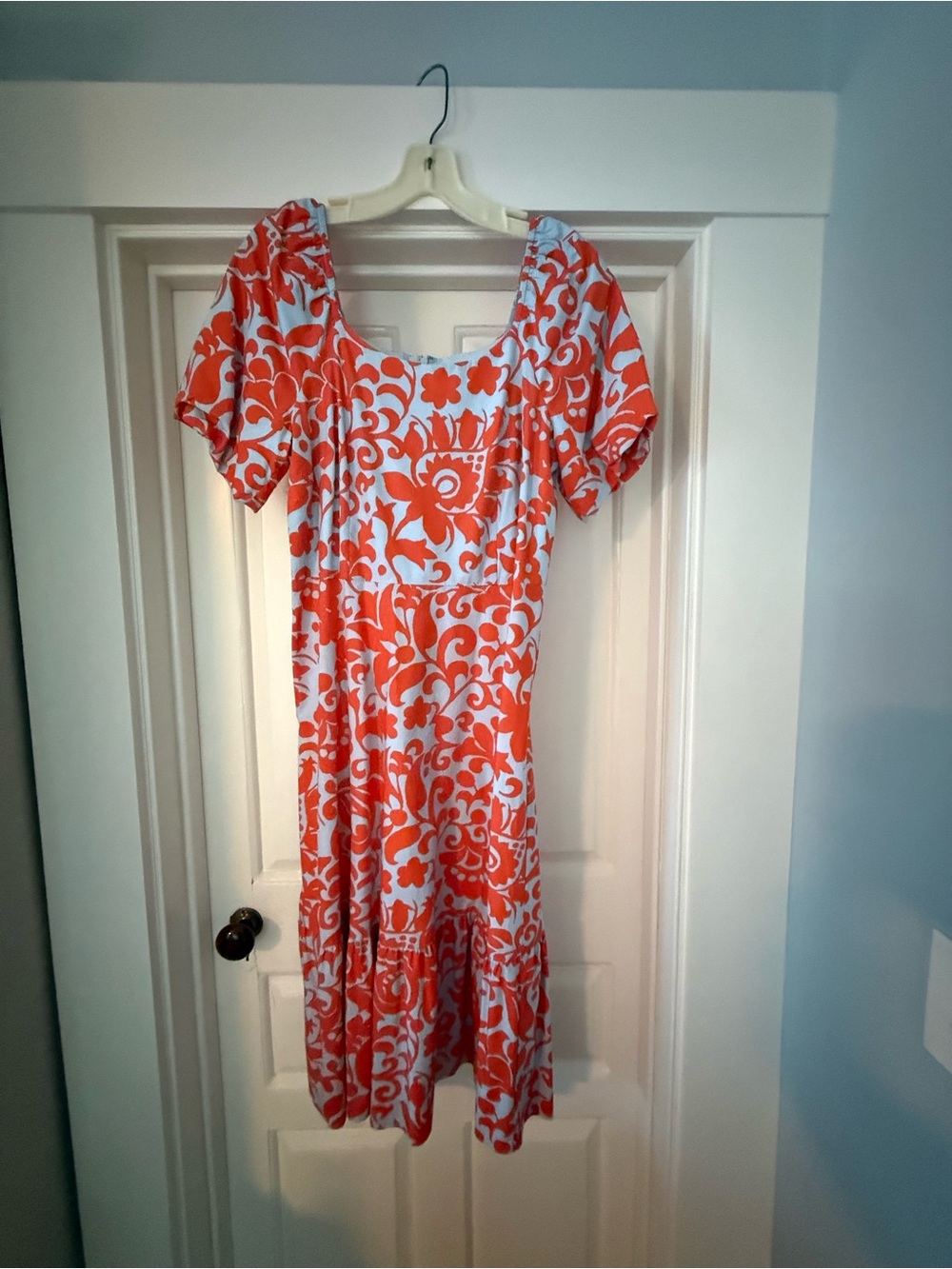 Talbots Coral and Pale Blue/Lavender Floral Cotton Midi Dress with Puff Sleeves
